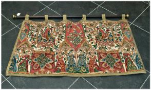 Tapestry Frieze Mounted On Pole. With scenes of Medieval Horseman and Coat of Arms. 47 by 24