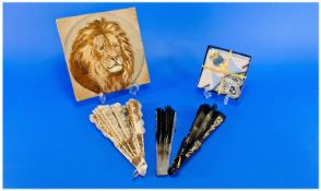 Misc Lot, Comprising A Silk Embroidery Picture Of A Lions Head, Three Lace Hand Fans And A Small