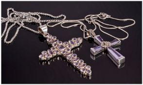 Silver Crosses Set With Amethysts And Fitted On Silver Chains. Fully hallmarked. Large cross 3