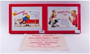 Bamforth Comic Valentine Cards. Framed pair of 1950`s large size cards with image of original