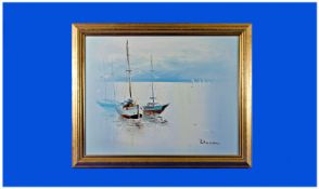 Framed Oil on Canvas `Crete, Greece, Boating Scene`. Gilt frame. Signed lower right. 18.5 by 14.5