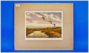 Signed Coloured Limited Edition Print of `Flying Wigeons at Sunset Pencil signed to the Margins