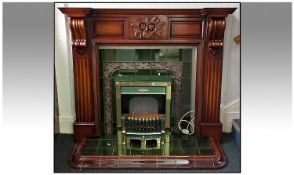 Victorian Style Electric Fire Suite (Henley Green) with mahogany carved surround (detail to front).