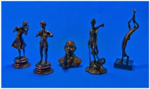 Collection of Five Bronze finish Figures comprising Lady Violinist, hollow cast 7.5 inches high,