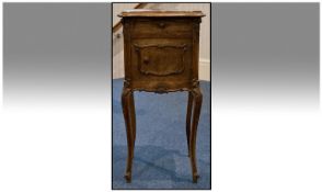 A French Marble Top Walnut Bedside Cabinet with single drawer and cupboard below. With marble