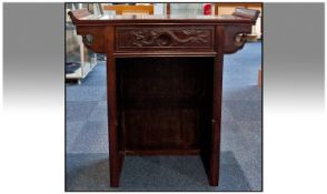 Chinese Rosewood Small Size Altar Table with a carved single drawer to front. Scroll ends to the