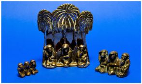 Vintage Figural 3 Brass Monkeys Sitting Under Palm Trees Letter Rack. 6 inches high. Plus a further