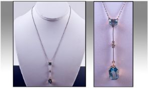Victorian Platinum Set and Aquamarine Double Drop Necklace. A 8 rose cut diamond is grain set in