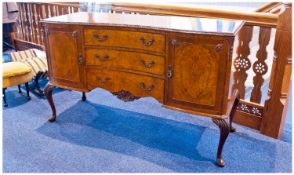 Walnut Veneered Serpentine Fronted Sideboard, Three Central Drawers Between Two Cupboard Spaces,