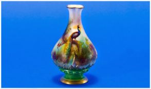 Royal Worcester Fine Hand Painted Small Vase. Pheasants in a woodland setting. Date 1909. Height 4.