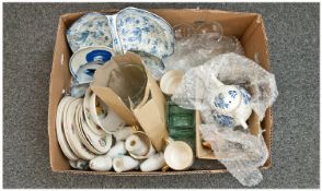 Box Of Miscellaneous. Comprising miscellaneous animals, Burleigh ware serving dish, plates, cups