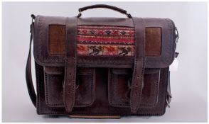Genuine Leather Satchel/ Briefcase, purchased in Peru. Hand Stitched with traditional decoration.