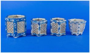 Four Small Blue & White Oriental Pots, Of Hexagonal Reticulated Form, Tallest 3¾ Inches.