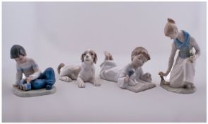 Nao Figure By Lladro, 3 in total plus 1. Various subjects and sizes. All pieces are in mint