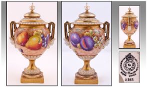 Royal Worcester Fine Hand Painted Two Handle Lidded Fruits Vase. Side 1: Plums and Grapes; side 2: