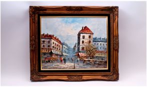 Framed Oil on Canvas. `Continental Street Scene`. Signed Burnett to lower right. Gilt Frame. 19.5