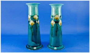 Minton Secessionist Pair of Tall Floral Turquoise Vases, the decoration being a continuous band of