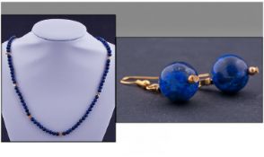 Lapis Lazuli Bead Necklace And Earrings. Set With Gold Coloured Mounts And Spacers, Length 24