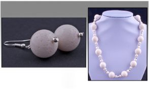 White Coral And Freshwater Pearl Necklace And Earrings. Set With Silver Coloured Mounts And