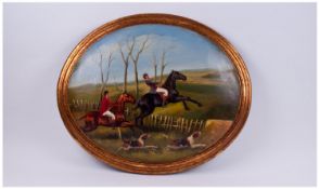 Oval Painted Plaque Depicting A Hunting Scene. Gilt Frame. Height 19 inches, width 23.5 inches.