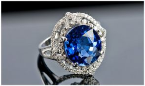 14ct White Gold and Diamond Ring Set, with an Oval Cut Blue Sapphire approx 6.ct. Diamonds approx