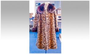 Leopard Patterned Beaver Lamb Full Length Coat, dark brown satin lined shawl collar in brown/grey