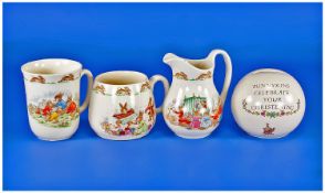 Four Royal Doulton Bunnykin Items Comprising Christening money box, Punch & Judy mug, bunnies