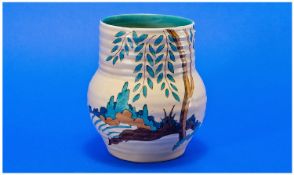 Clarice Cliff Hand Painted Vase ` Mowcop ` Pattern. c.1937. Height 5.5 Inches. Excellent Condition.