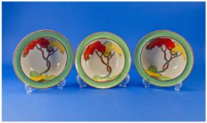 Clarice Cliff Hand Painted Trio of Dessert Bowl ` Trees ` c.1930`s. Each 6.25 Inches Diameter.