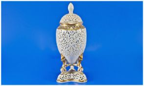 Grainger & Co Worcester - Fine Reticulated Urn Shaped Lidded Vase, Highlighted with Gold Border on
