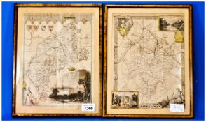 Pair of Etchings of Cumberland and Warwickshire County Maps, the first with a scene of the river at