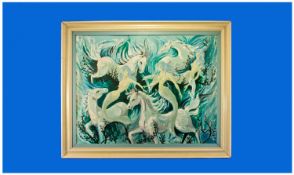 Mavis Evans Modern 20th Century Northern Artist `Neptunes Horses And Mermaids`. Pallet oil on