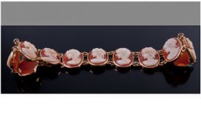 Early 20th Century 9ct Gold Set Shell Cameo Bracelet. The Bracelet Consists of 11 Cameos.