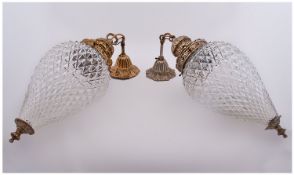 Pair of Brass Effect Ceiling Lights, cone shaped glass shades. 23 inches in length.