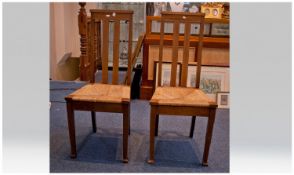 Arts and Crafts Style Good Quality Pair of Walnut Inlaid Long Backed Chairs, with rush cane seats,