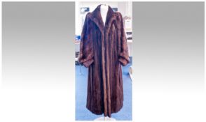 Dark Honey Brown Shadow Stripe Female Mink Full Length Coat, self lined narrow collar to back neck,