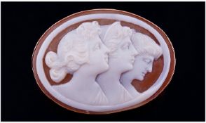 Edwardian 9ct Rose Gold Oval Framed Shell Cameo - Brooch. 3 Graces - Portraits. Width 1.5 Inches.