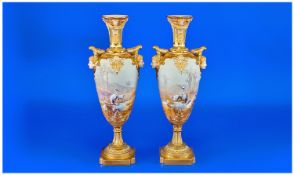 Royal Worcester Hand Painted Very Fine Pair of Mask Handled Urn Shaped Vases. ``Storks at Dessert