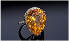 14ct White Gold Diamond & Citrine Ring, Set With A Large Pear Shaped Yellow Citrine, (Estimated