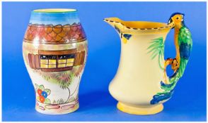 Crown Ducal 1930`s Hand Painted Vase. 8 inches high. Plus a Burleigh-ware yellow 1930`s parrot