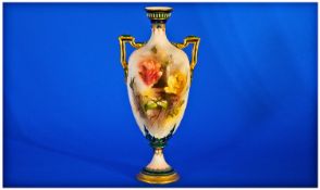 Hadleys Worcester Hand Painted ` Roses ` Two Handled Vase. c.1880`s. Restoration to Neck Area of