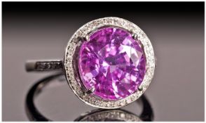 14ct White Gold Diamond & Pink Sapphire Ring, Set With A Large Central Sapphire, (Estimated Weight