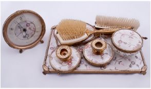 Dressing Table Set comprising two brushes, hand mirror, 2 candle holders, mantle clock, trinket