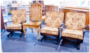 Set Of Three Cottage Style Rocking Arm Chairs, With Removable Upholstered Seats And Backrests.