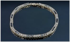 Silver Tennis Bracelet, Set With Princess Cut White And Black Stones, Stamped 925, Length 7¾ Inches