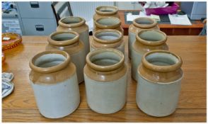 Set of Ten Retro Stoneware Kitchen Jars, 8 inches high