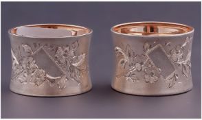 An Attractive Pair of Spool Shaped Silver and Silver Gilt Napkin Rings. Frosted exterior with