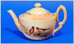 Royal Worcester Blush Ivory Hand Painted Teapot, the scene to the front of the pot showing two