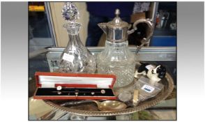 Misc Lot Comprising A Silver Plated Gallery Tray, Claret Jug, Decanter, Beswick Style Dog Figure,