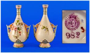 Royal Worcester Hand Painted Pair of Blush Ivory Two Handled Miniature Vases ``Scottish Thistles``,